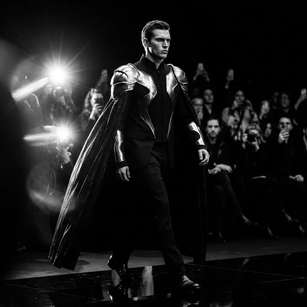 Model walking Paris runway in black silver couture with starburst lighting