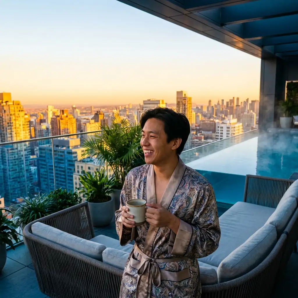 Man in robe on luxury penthouse balcony with coffee overlooking city sunrise