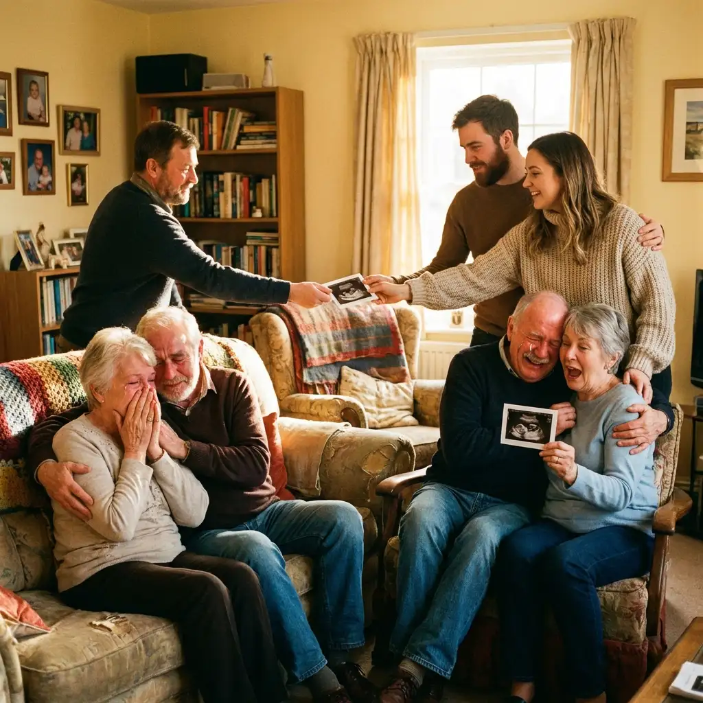 Young couple announcing pregnancy to emotional grandparents