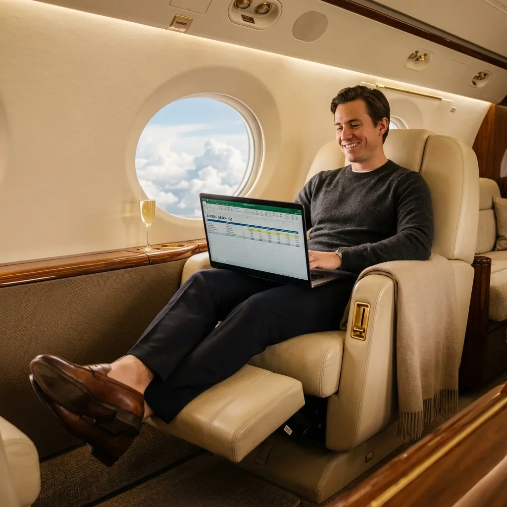 Successful young businessman working on laptop in cream leather private jet interior with champagne