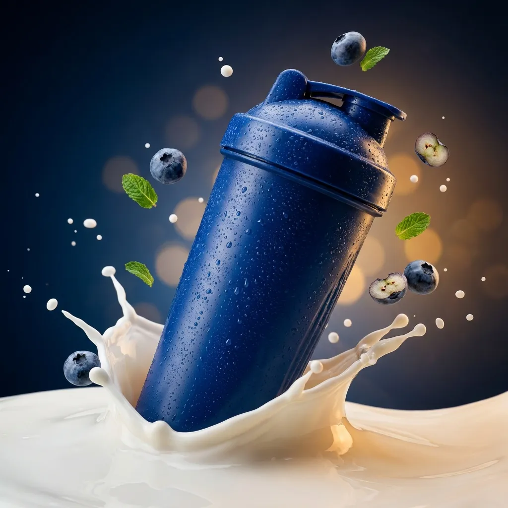 Blue protein drink bottle with splashing milk and floating blueberries in cinematic lighting