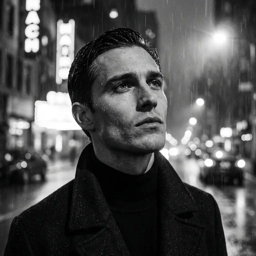 Cinematic noir portrait of man in rainy city generated with Nano Banana style