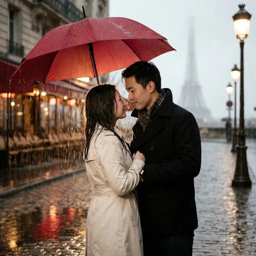 Romantic couple sharing red umbrella in Paris rain generated with Nano Banana AI prompt