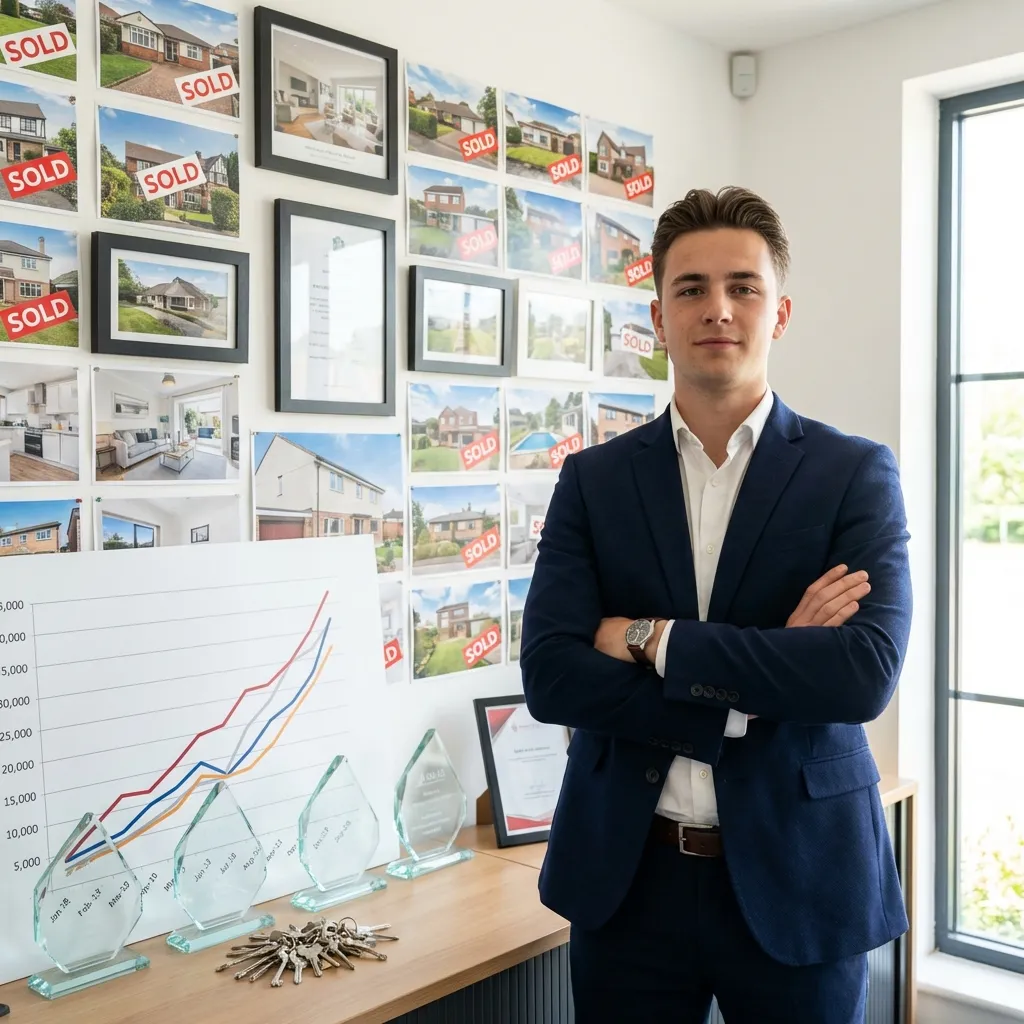 Real estate agent showing sold properties portfolio in modern office