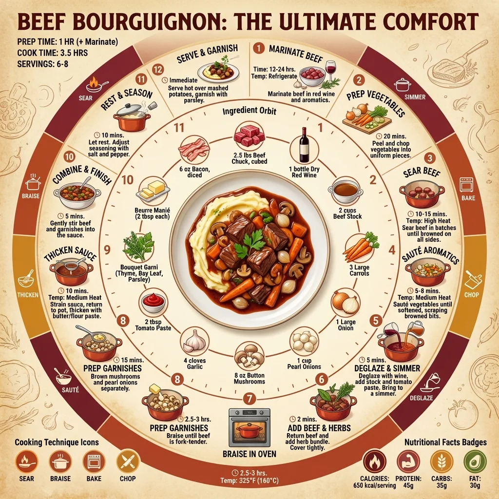Circular recipe infographic showing cooking steps and ingredients