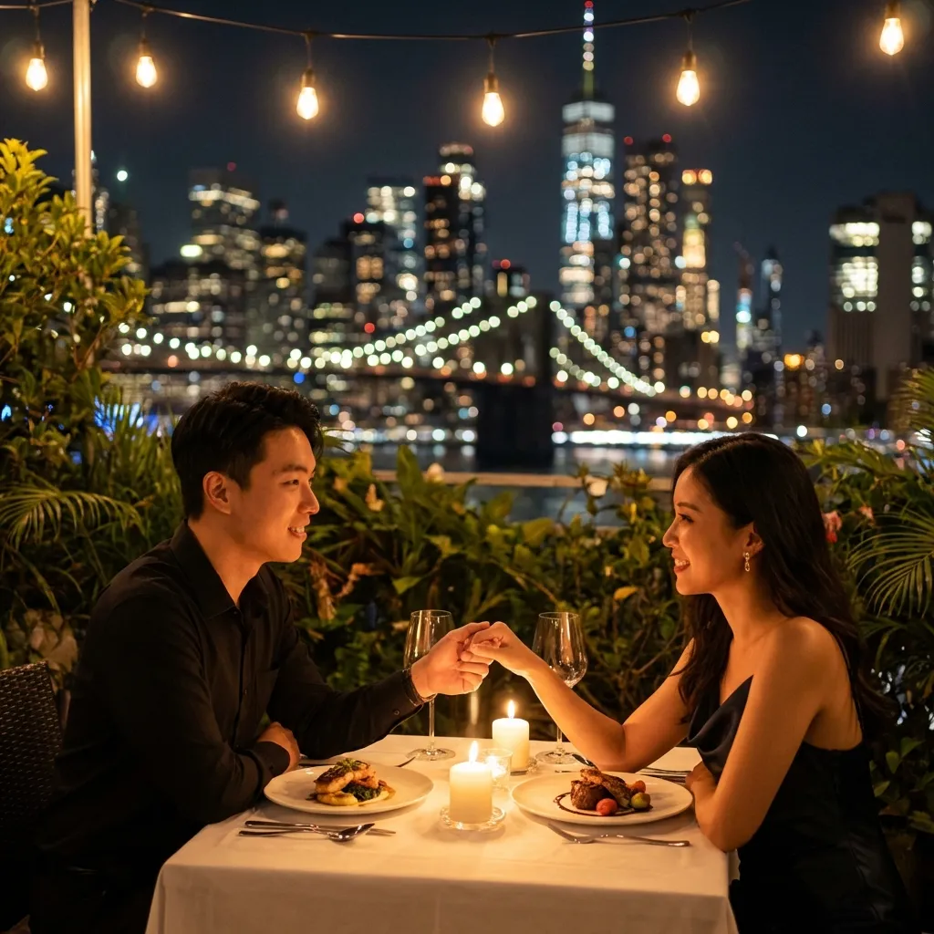 Intimate rooftop dinner date with city skyline and string lights