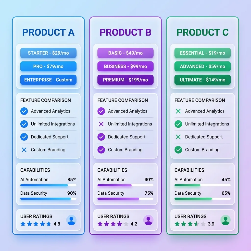 SaaS product comparison infographic with three column layout and feature comparison