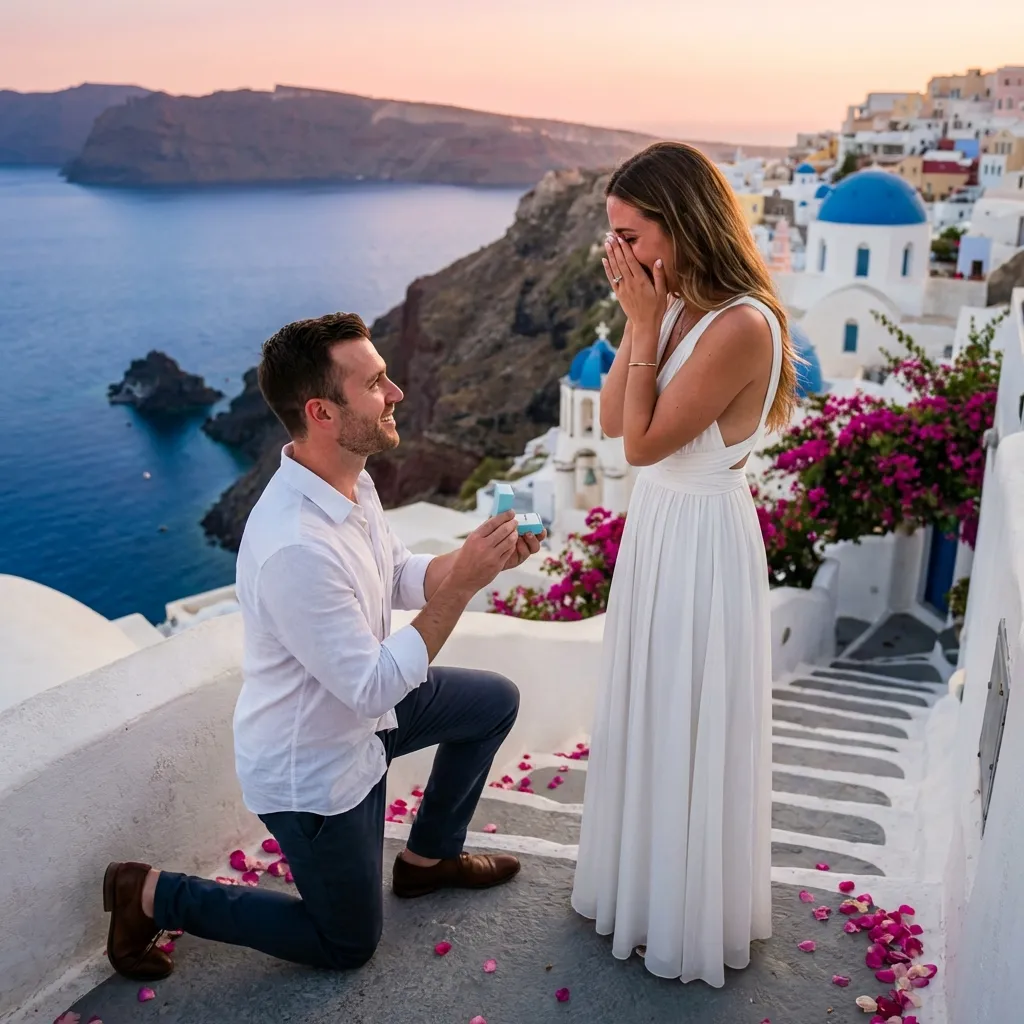 Romantic marriage proposal on Santorini cliffside with white buildings and sunset view