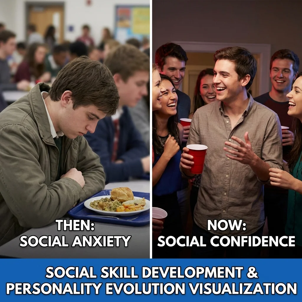 Nano Banana split screen showing transformation from shy loner to social butterfly