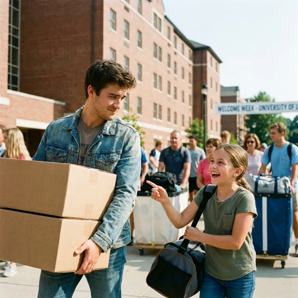 Brother helping excited sister move into college dorm