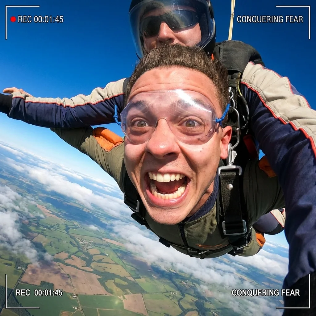 Nano Banana photorealistic skydiving shot showing face of person conquering fear
