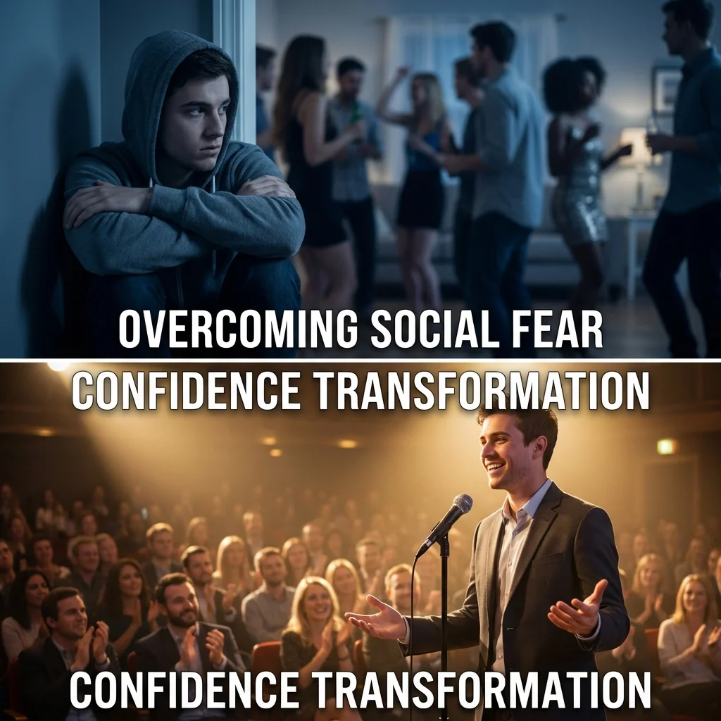 Nano Banana split screen showing transformation from social anxiety to public speaking