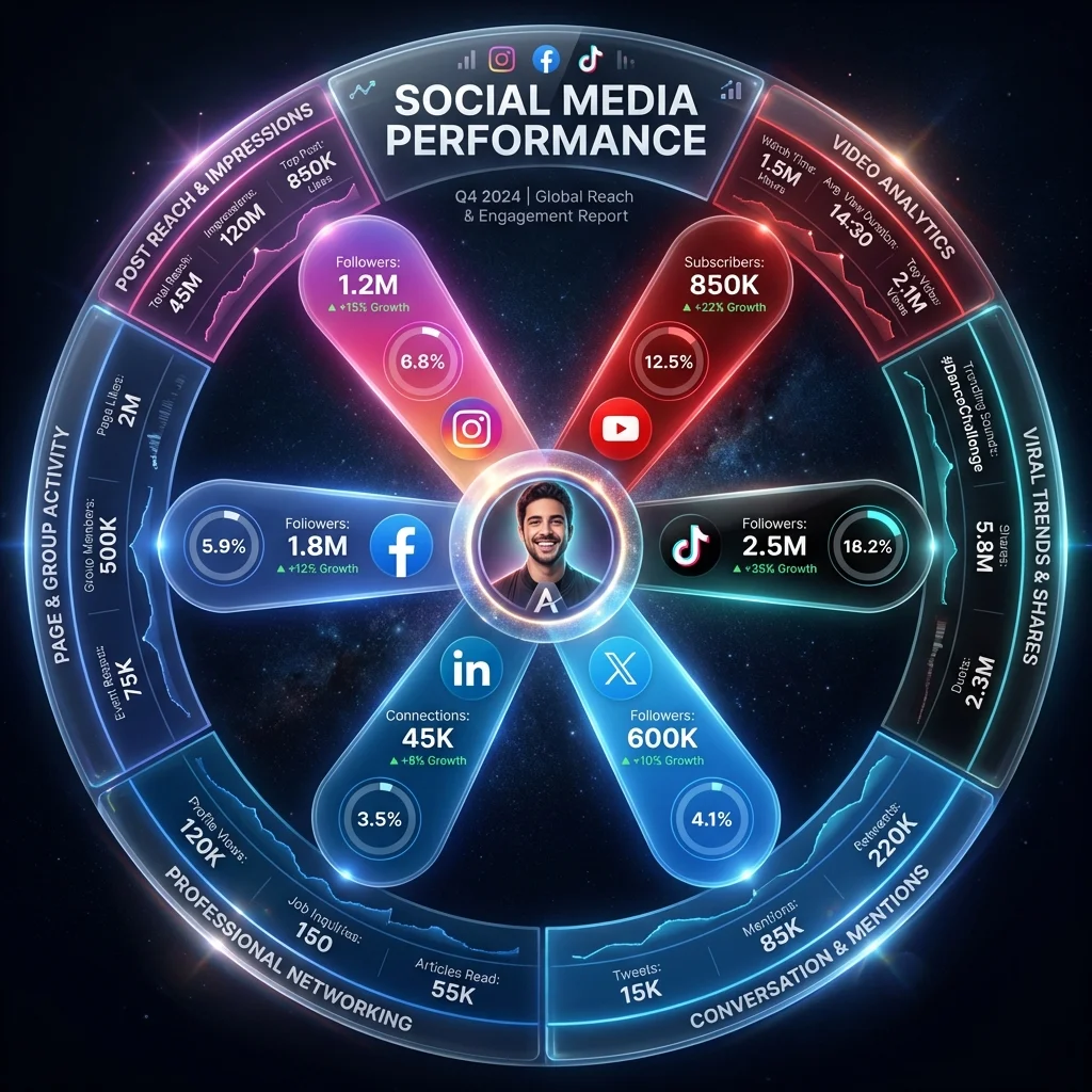 Social media analytics dashboard with radial platform performance metrics