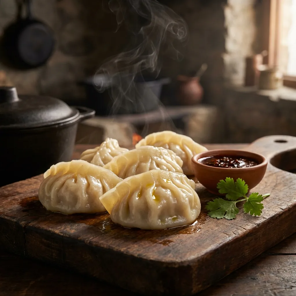 Nano Banana style food photography of steamed dumplings with steam rising and realistic textures