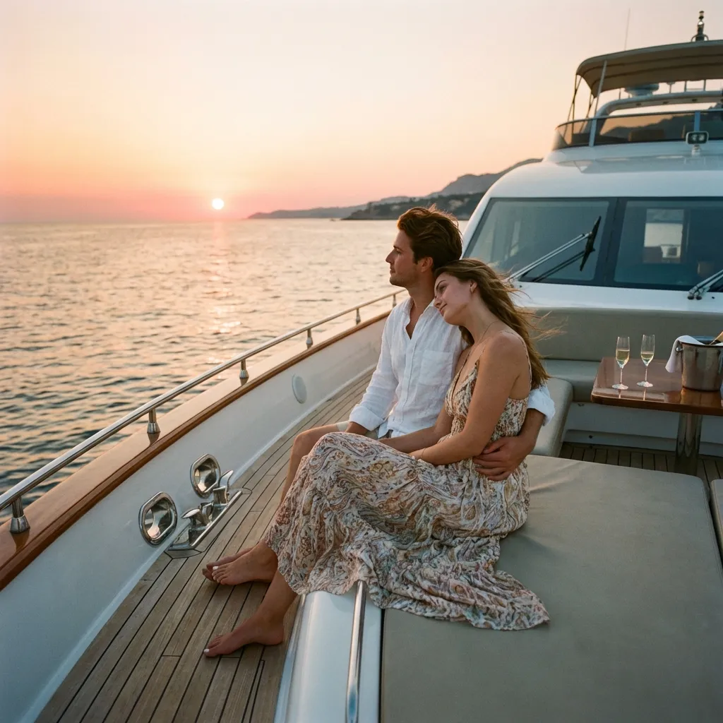 Couple watching sunset from front of luxury yacht