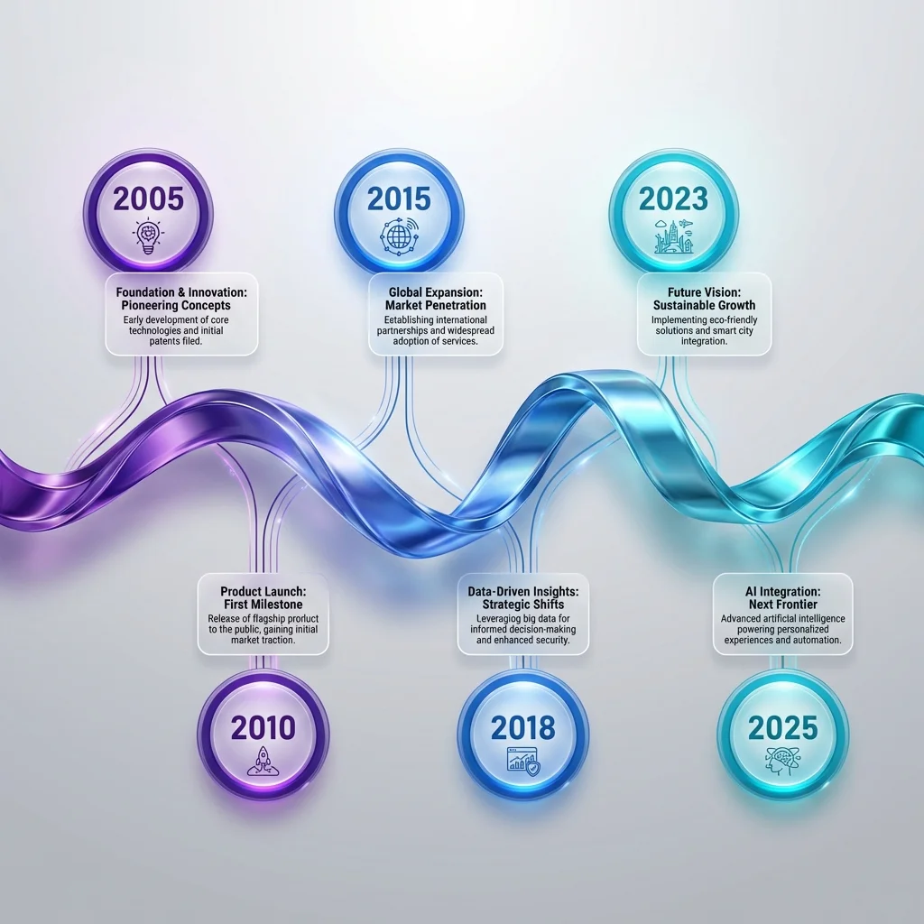 Horizontal timeline infographic with flowing ribbon and milestone nodes