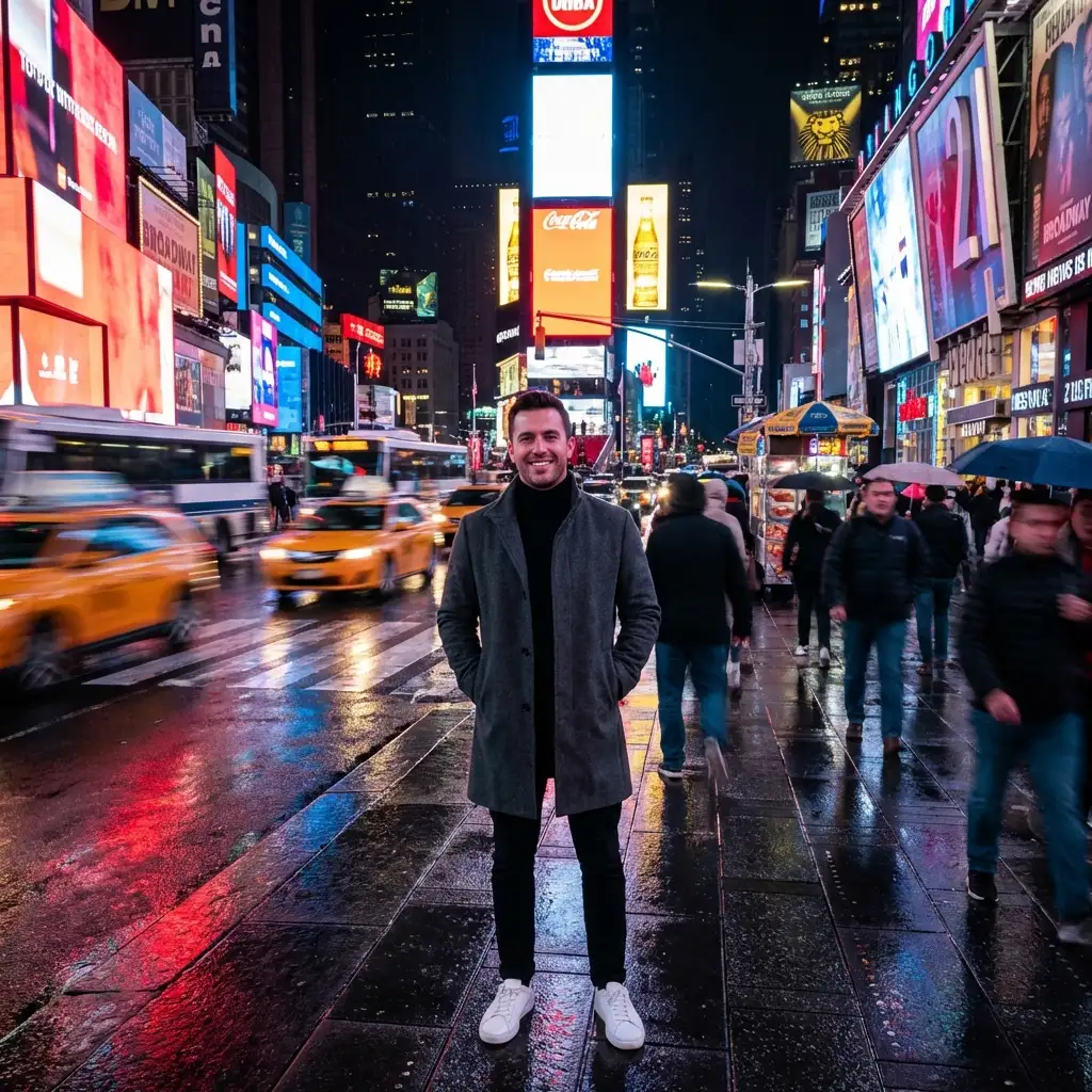 Portrait of man in Times Square at night with neon lights and bustling city background